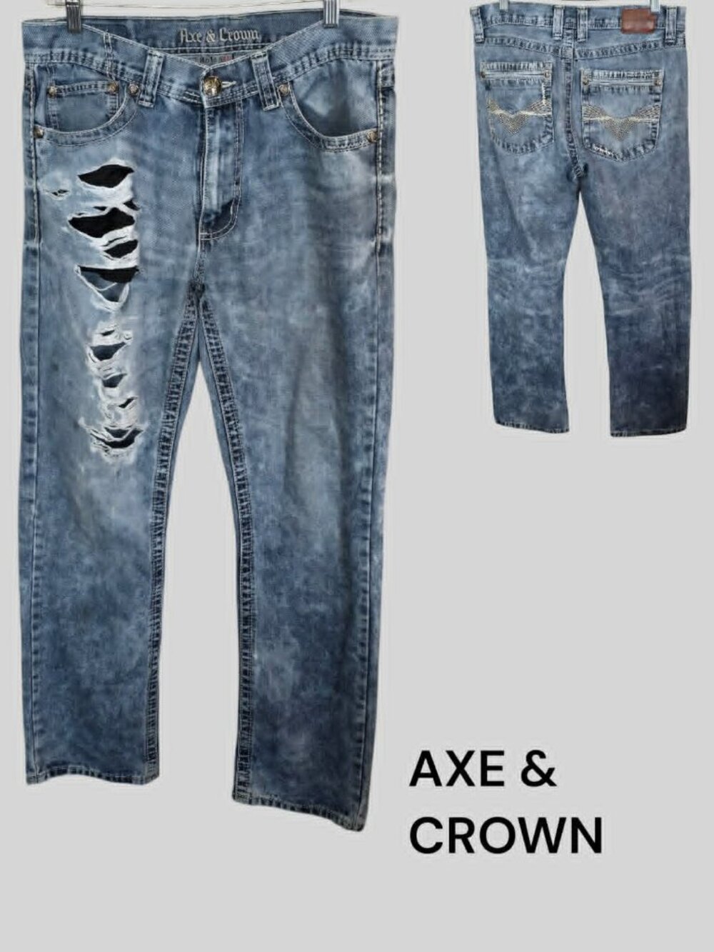 Axe & Crown Slim Fit Distressed Ripped  Acid Wash  Denim Jeans Mens  32 X 32